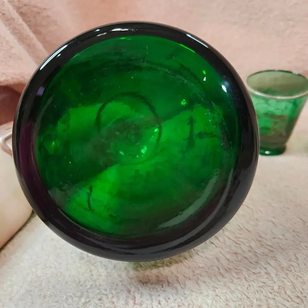 Vintage Venetian Emerald Green Glass Decanter Set w/ Silver Overlay & 4 Glasses